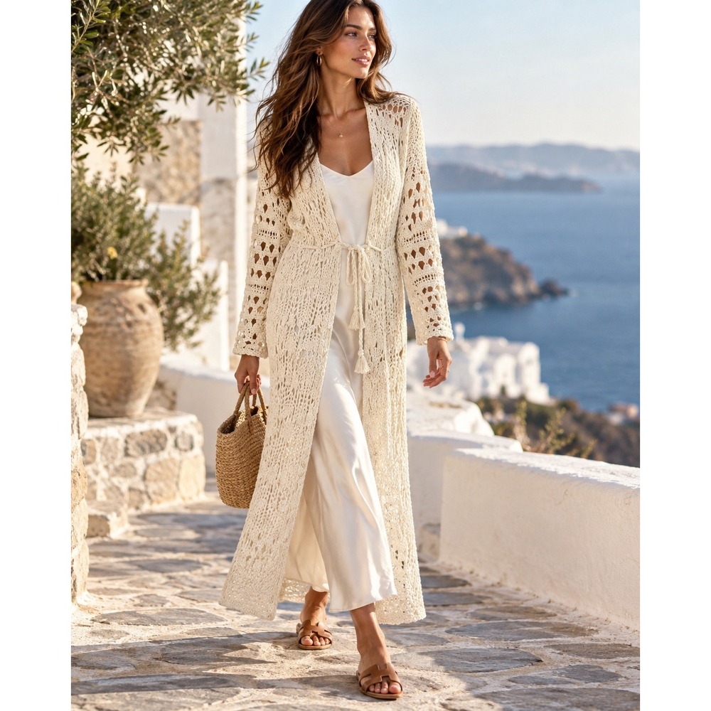 Free People Sweet Talker Ivory Crochet Duster Cardigan Small, Boho Coastal